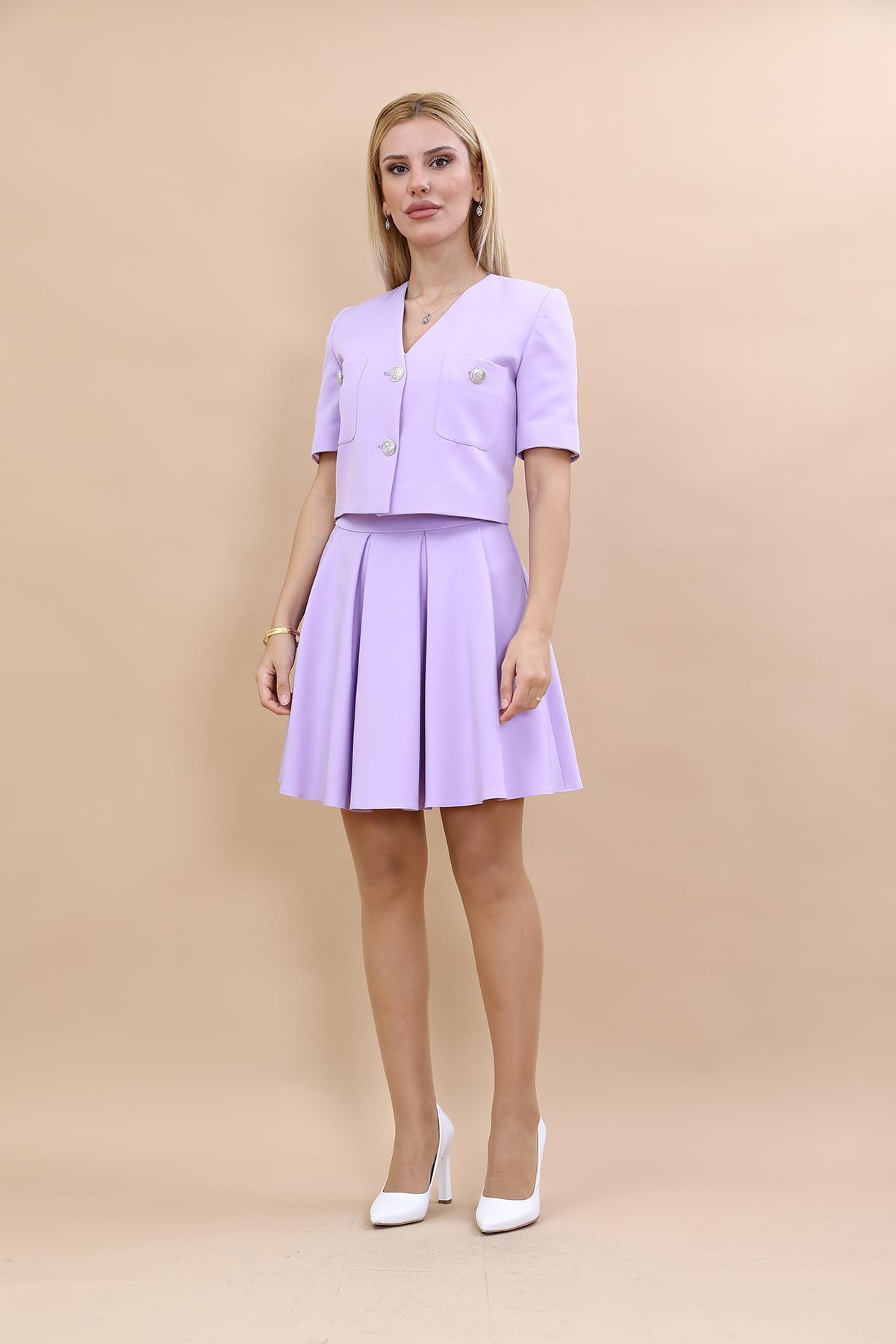 V-Neck Short Jacket & Short Flared Skirt-Violet