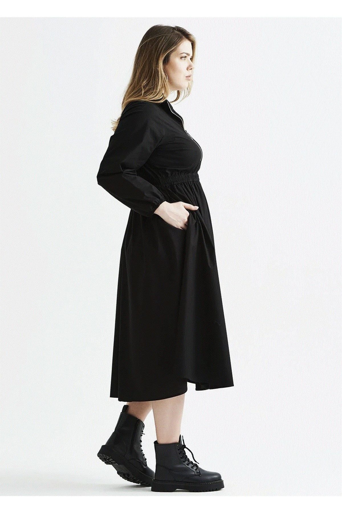 EVEN plus size-Black Long Sleeve Poplin Plus Size Dress 4