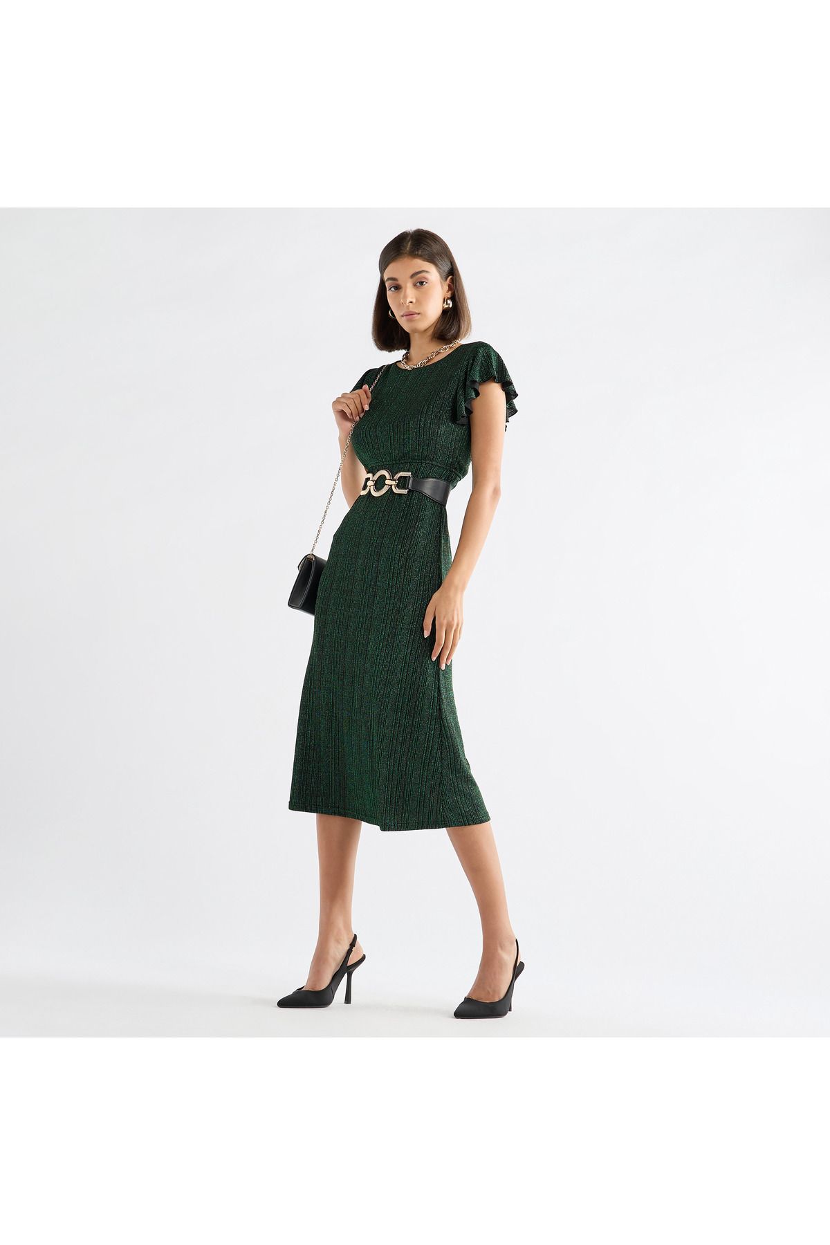 FAV-Textured Midi Dress with Flutter Sleeves and Tie-Up Belt 2
