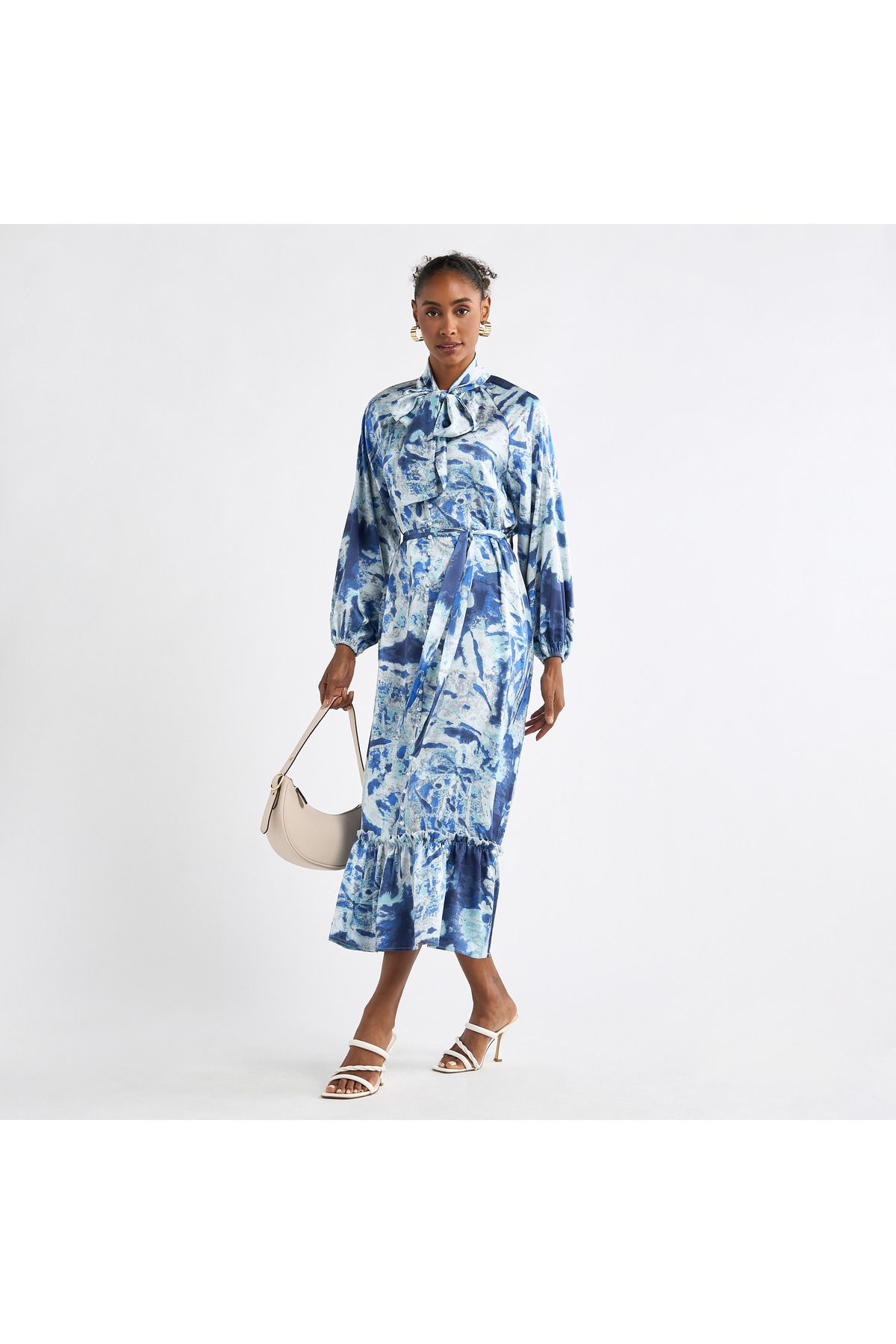 FAV-All-Over Print Shirt Dress with Long Sleeves and Flounce Hem 2