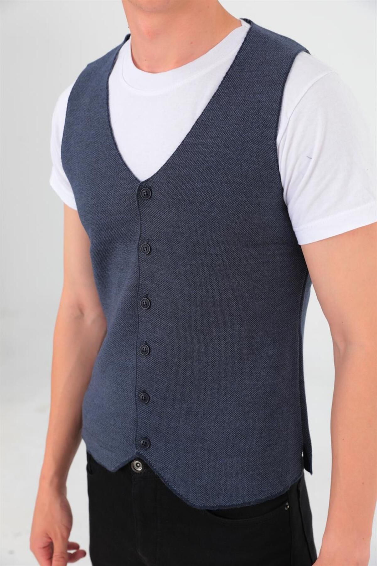 ELM WEAR-Buttoned Plain Pattern Knitwear Vest - Navy/Indigo 5