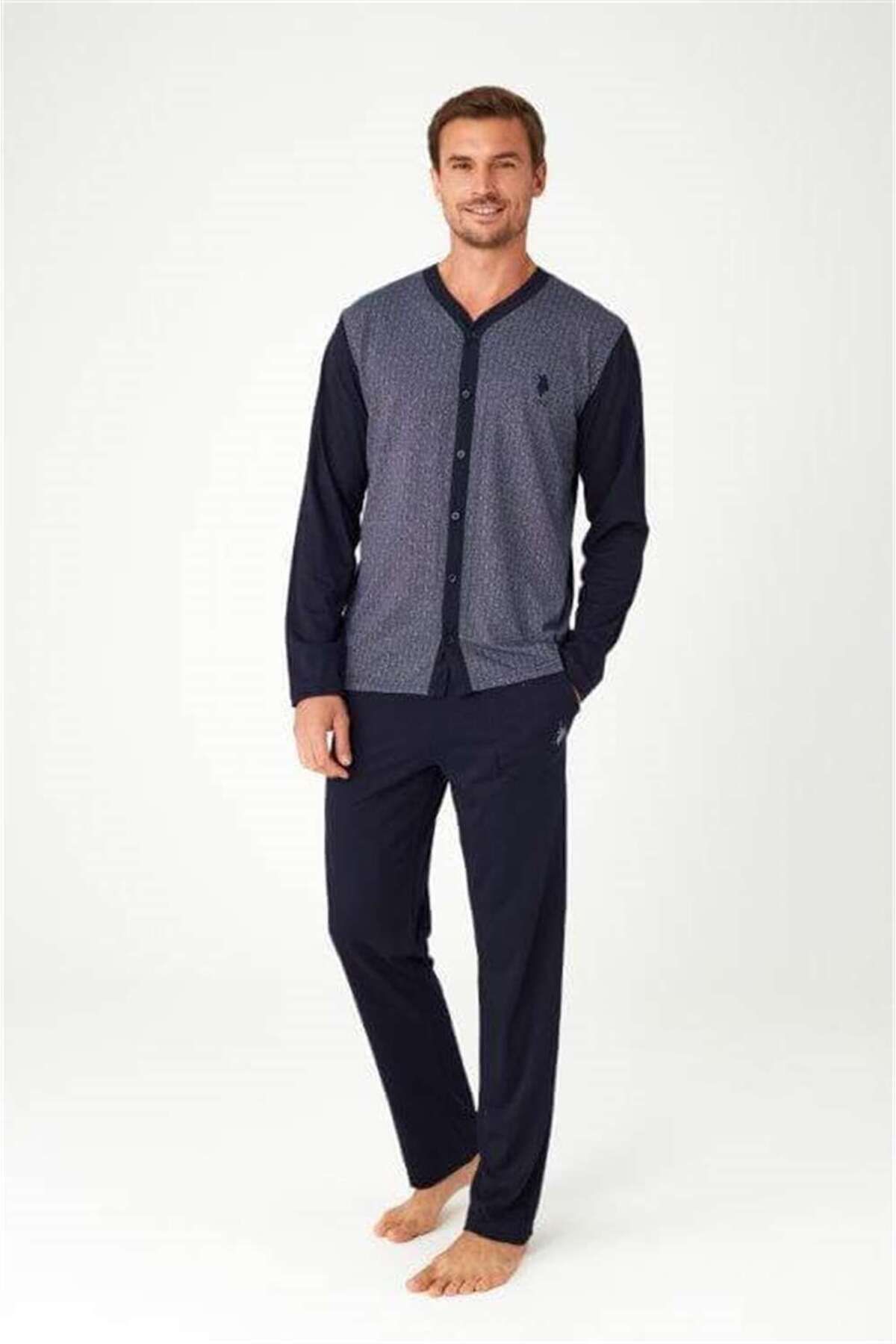 ست پیژامه آبی مردانه لباس خواب تمام قد سرمه ای U.S. Polo Assn.