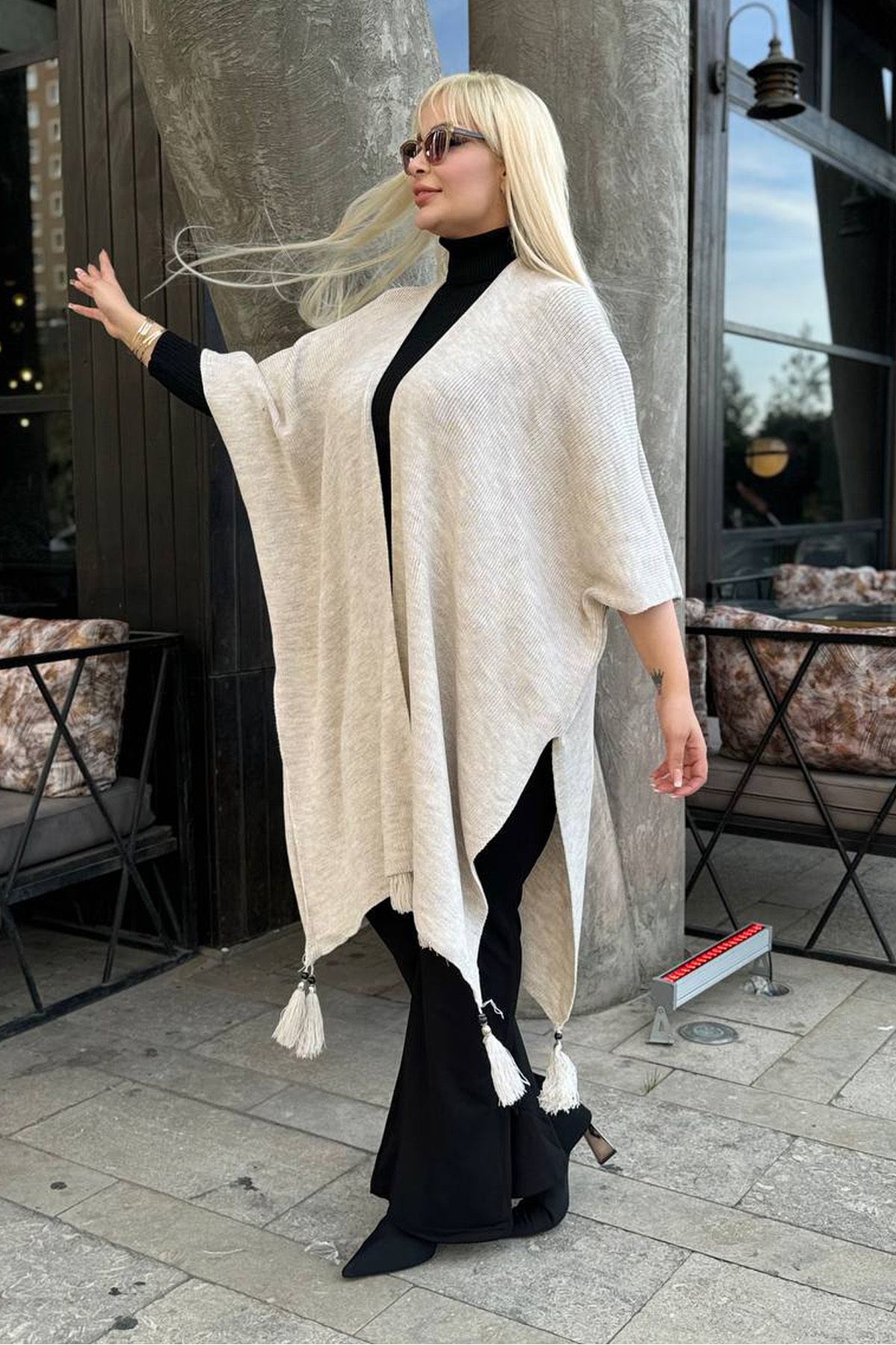 RURIS-Women's Beige Tasseled Knitwear Plus Size Poncho 5