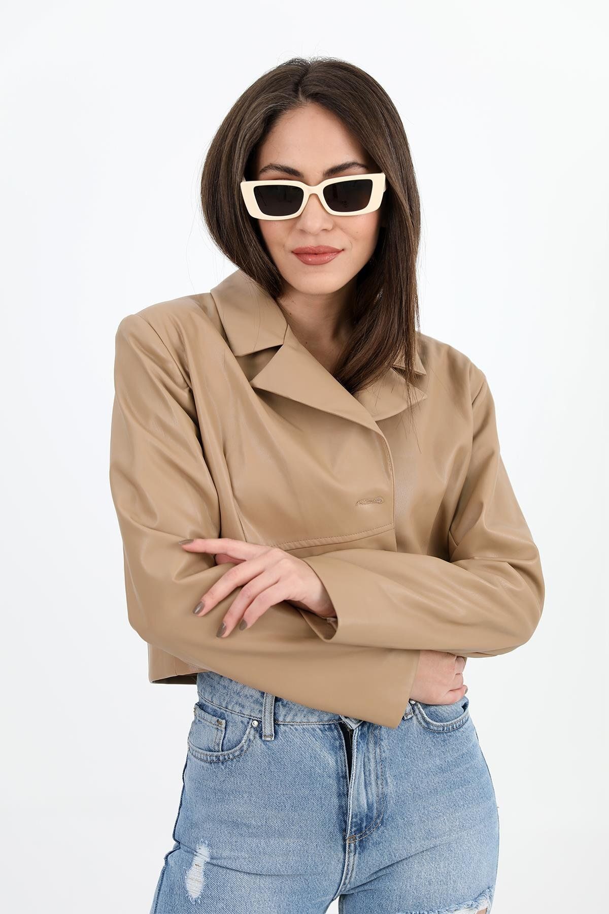 VAPUR TEKSTİL-Camel Colored Short Leather Jacket - Double Breasted Collar and Wadding Detail 5