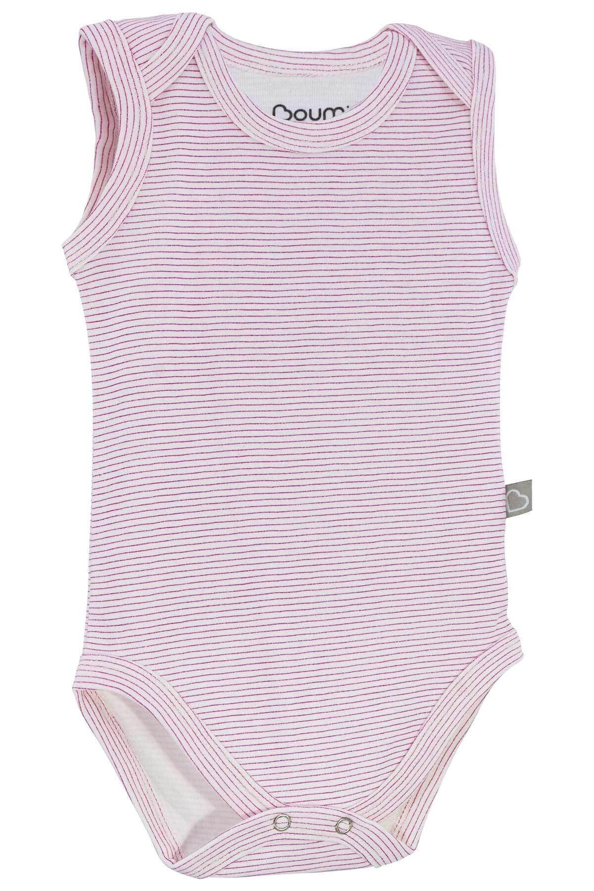 Boumini-Pink Striped Cotton Baby Body - Snap Fastener, Envelope Collar 0-36 Months 1