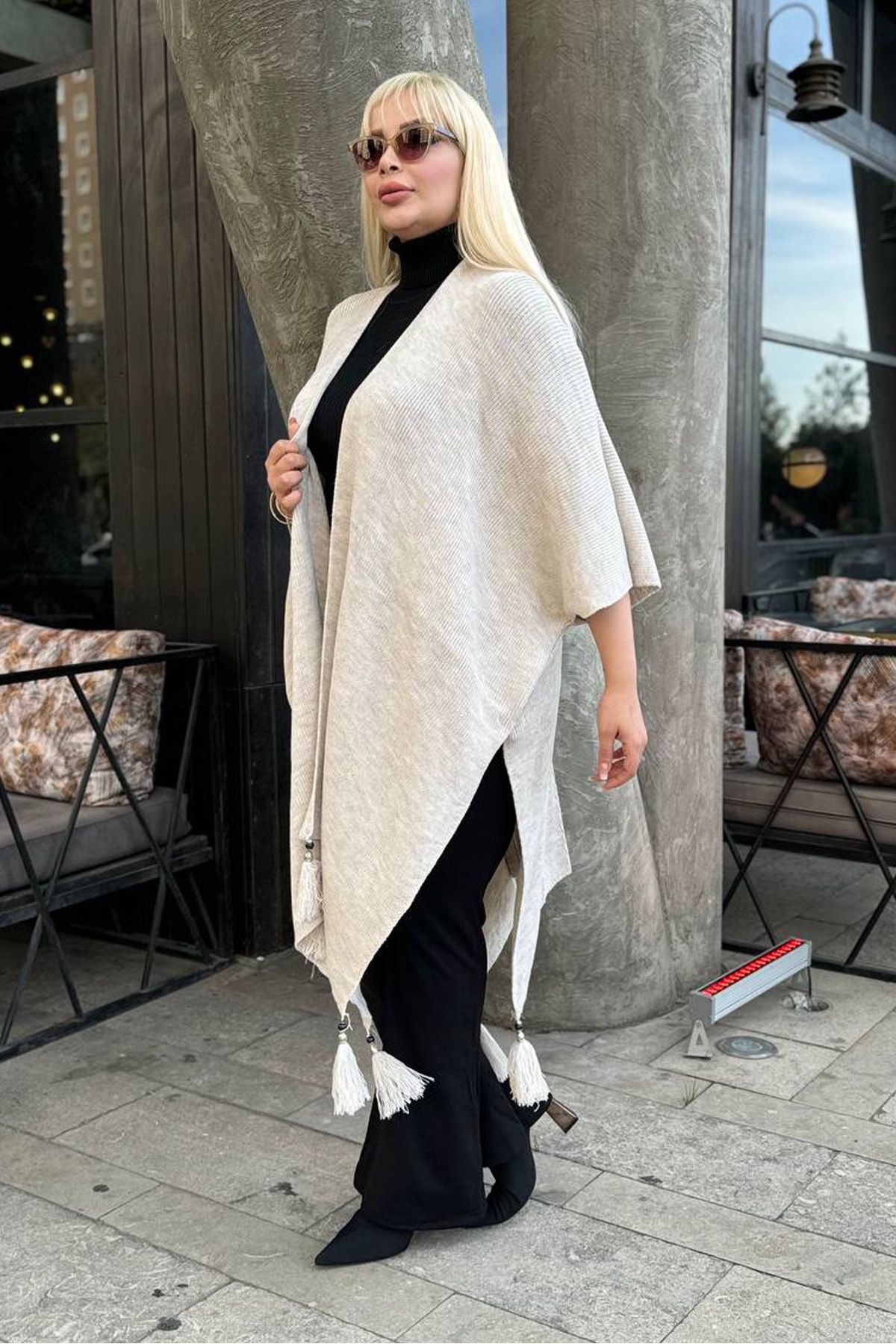 RURIS-Women's Beige Tasseled Knitwear Plus Size Poncho 6