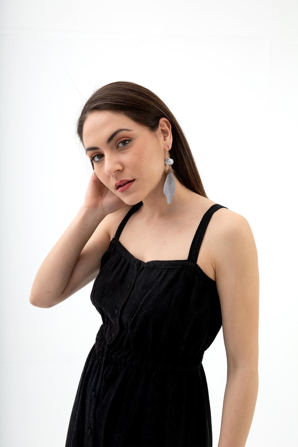 VAPUR TEKSTİL-Black Linen Dress - Straps, Buttons and Slits 5