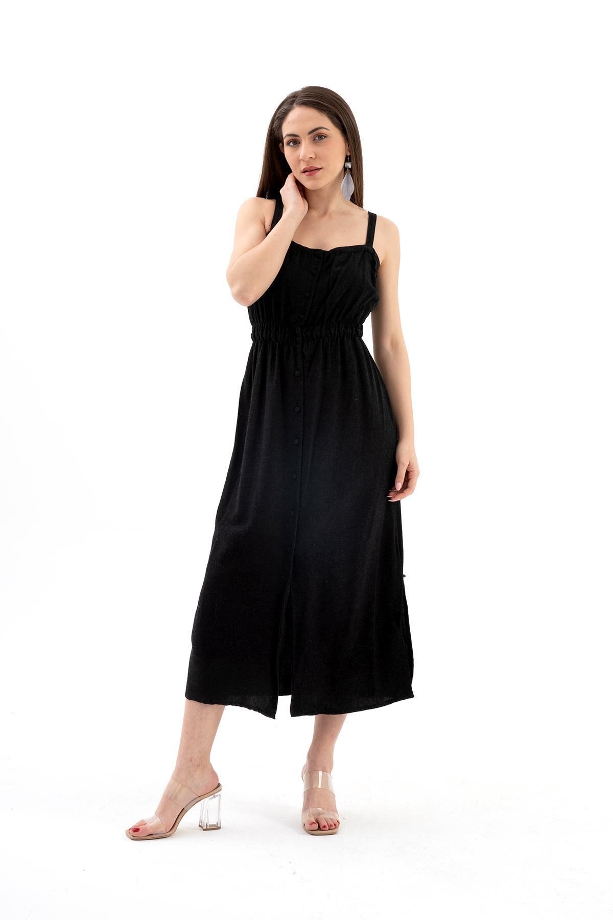 VAPUR TEKSTİL-Black Linen Dress - Straps, Buttons and Slits 3