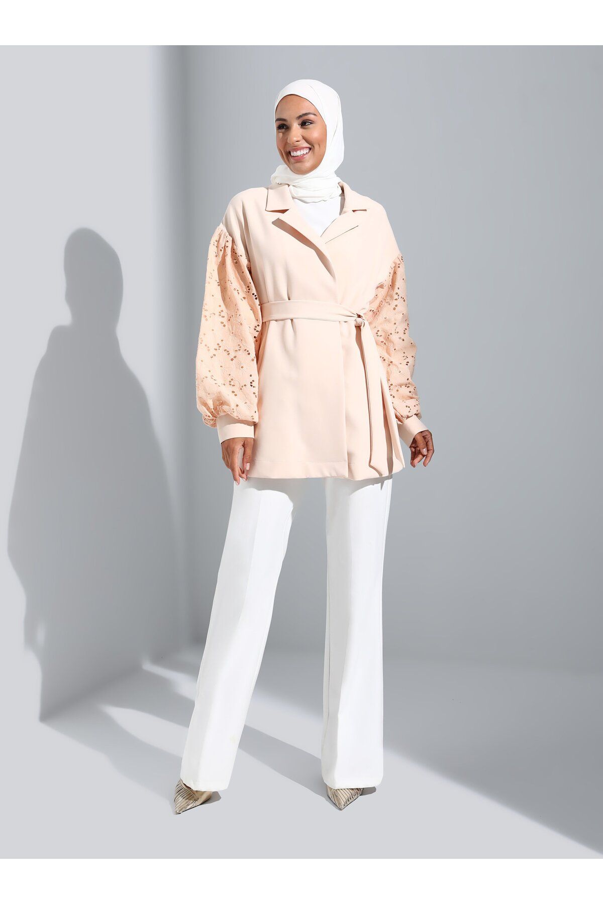 Refka-Belted Jacket with Balloon Sleeve Brode Detail - Beige - 1