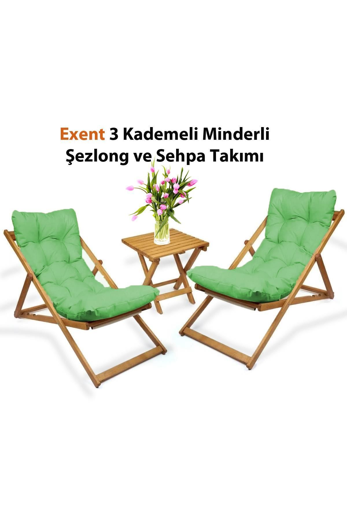 Exent 3 Kademeli Minderli Şezlong ve Sehpa seti-YEŞİL