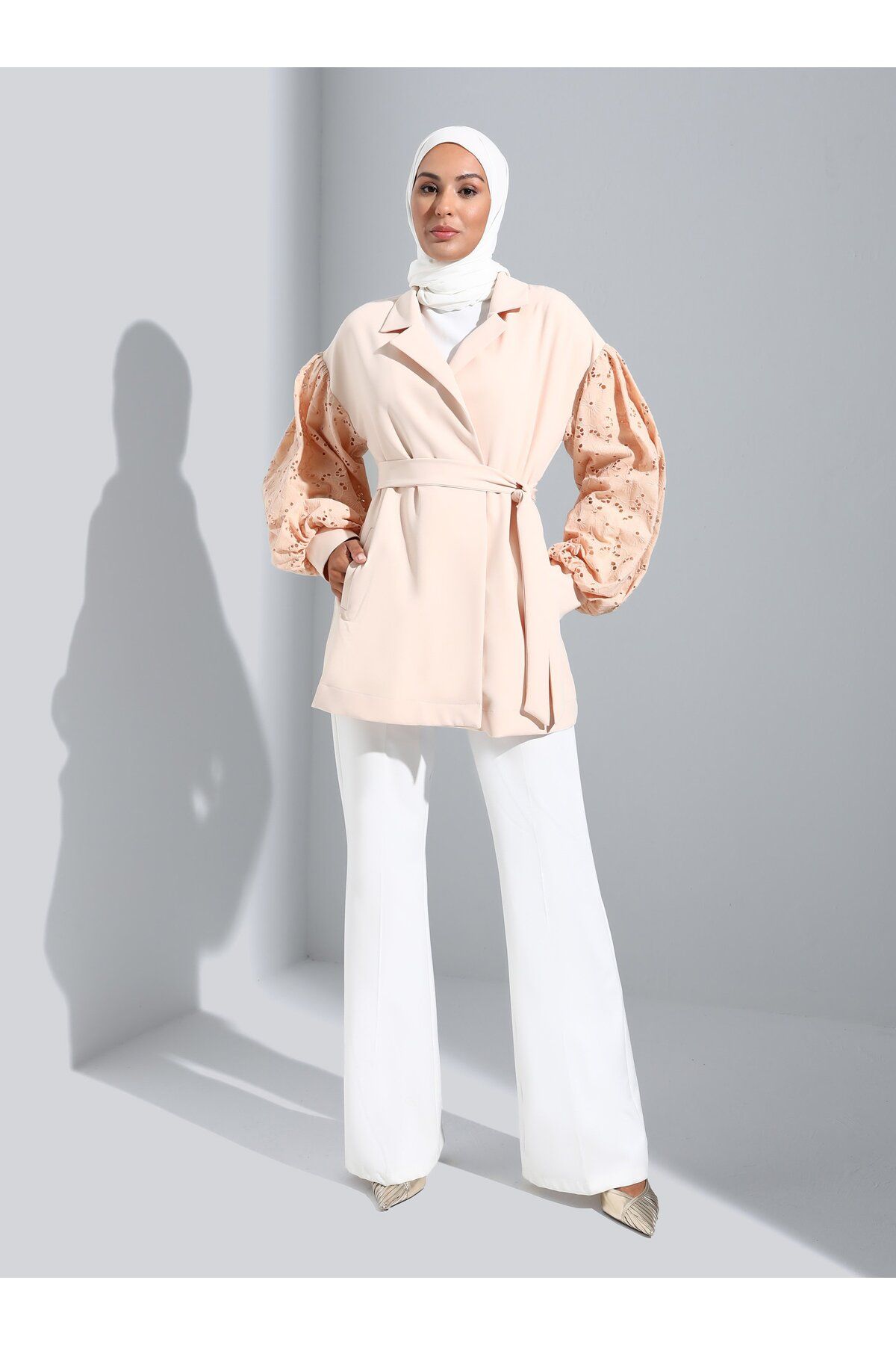 Refka-Belted Jacket with Balloon Sleeve Brode Detail - Beige - 3