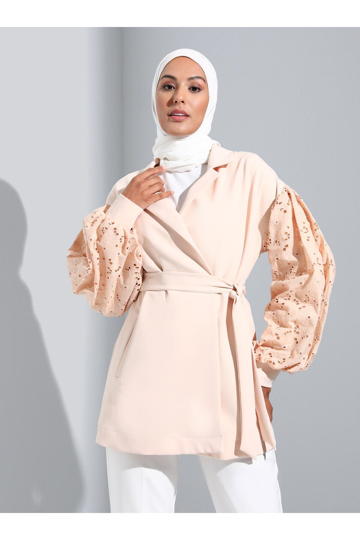 Refka-Belted Jacket with Balloon Sleeve Brode Detail - Beige - 2