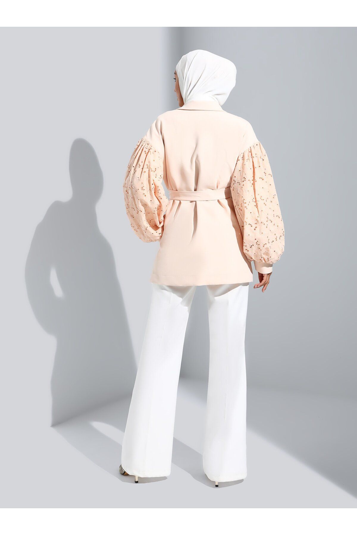 Refka-Belted Jacket with Balloon Sleeve Brode Detail - Beige - 4