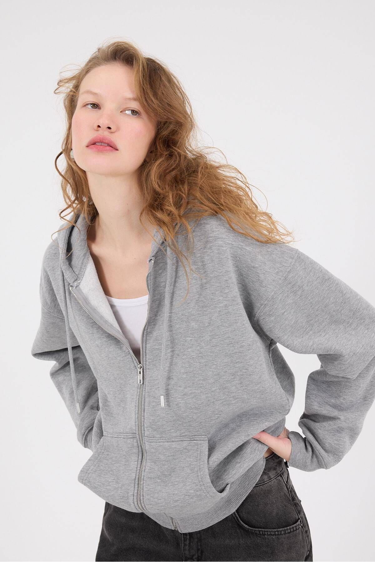 Addax Şardonlu Fermuarlı Oversize Sweatshirt H9476-g12v3