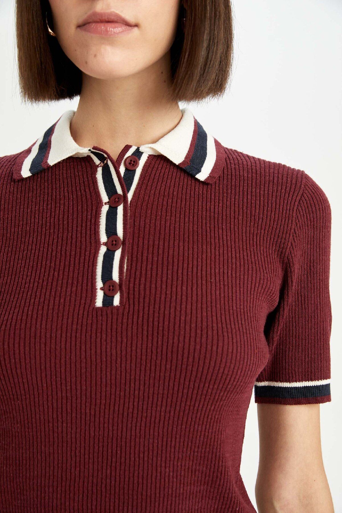 DeFacto-Burgundy Polo Neck Knitwear Sweater - Regular Fit, Short Sleeve Button D4233Ax24Au 5