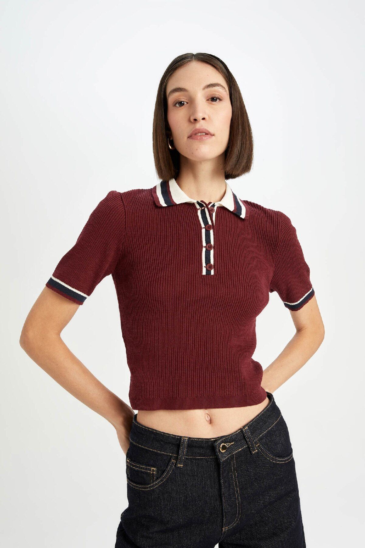 DeFacto-Burgundy Polo Neck Knitwear Sweater - Regular Fit, Short Sleeve Button D4233Ax24Au 4