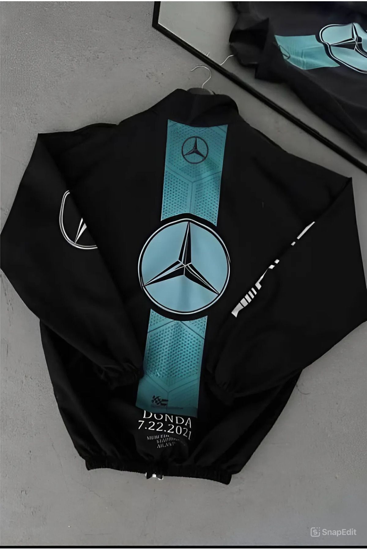 Lushen Mercedes Unisex Paraşüt Kumaş Oversize Dijital Baskılı Siyah Rüzgarlık Yağmurluk İnce Ceket görsel 4