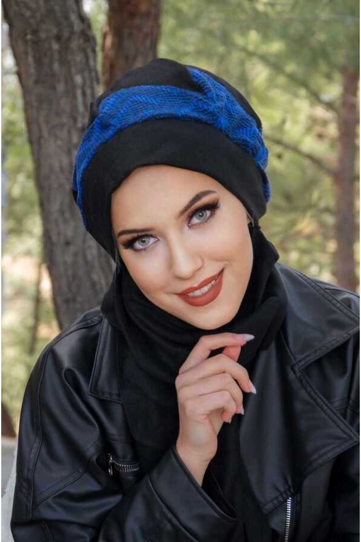 Aişe tesettür-Black Blue Garnished Hijab Beanie 1