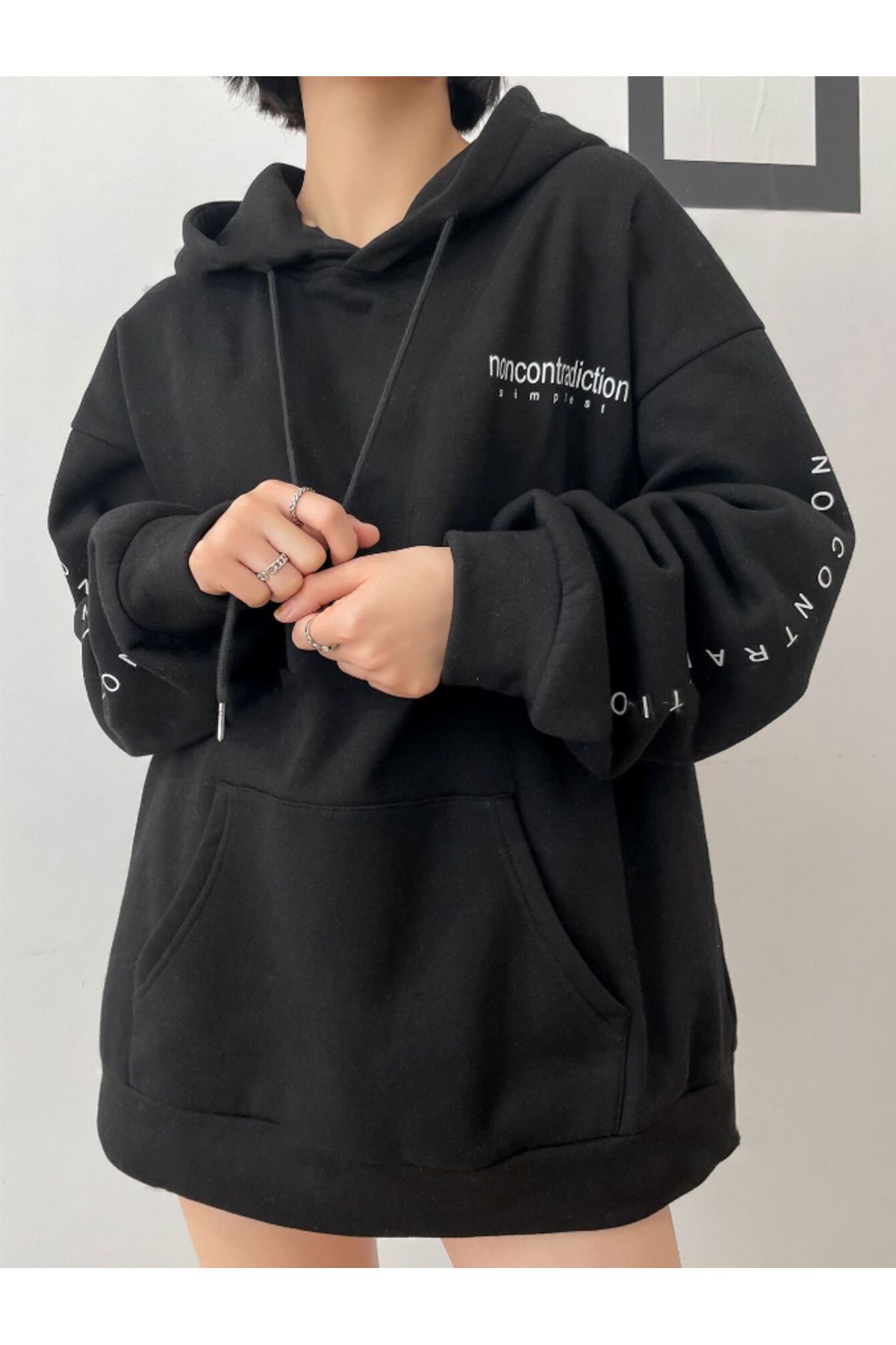 Revasser-Unisex Ανδρικά/Γυναικεία NONCONTRADICTION Πολύχρωμη ειδική στάμπα βαμβακερή φούτερ με κουκούλα 4