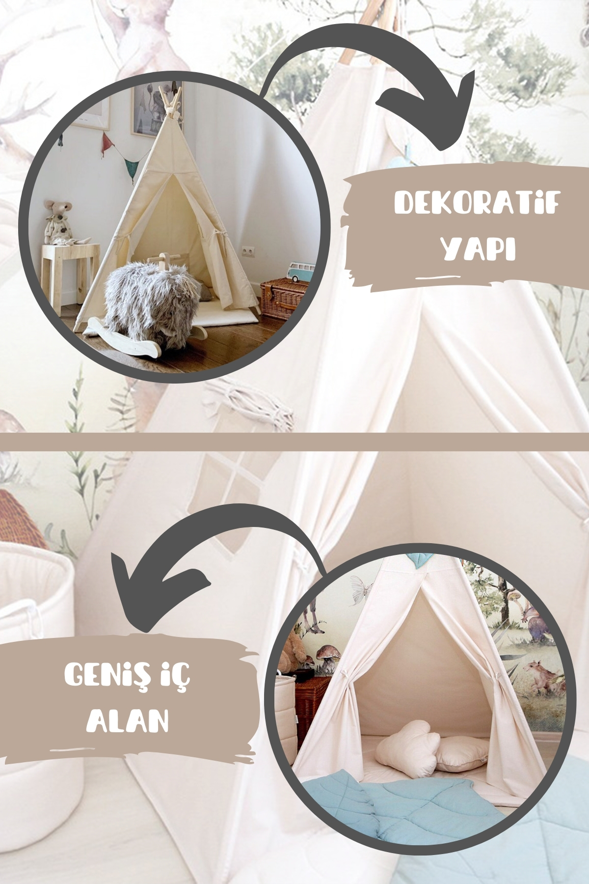 BabyModa Ahşap Direkli Kızılderili Tarzı Sağlıklı Pamuklu Devrilmeyen Oyun Alanı & Çocuk Oyun Evi Minderli Ço fotoğrafı 3 (önizleme)