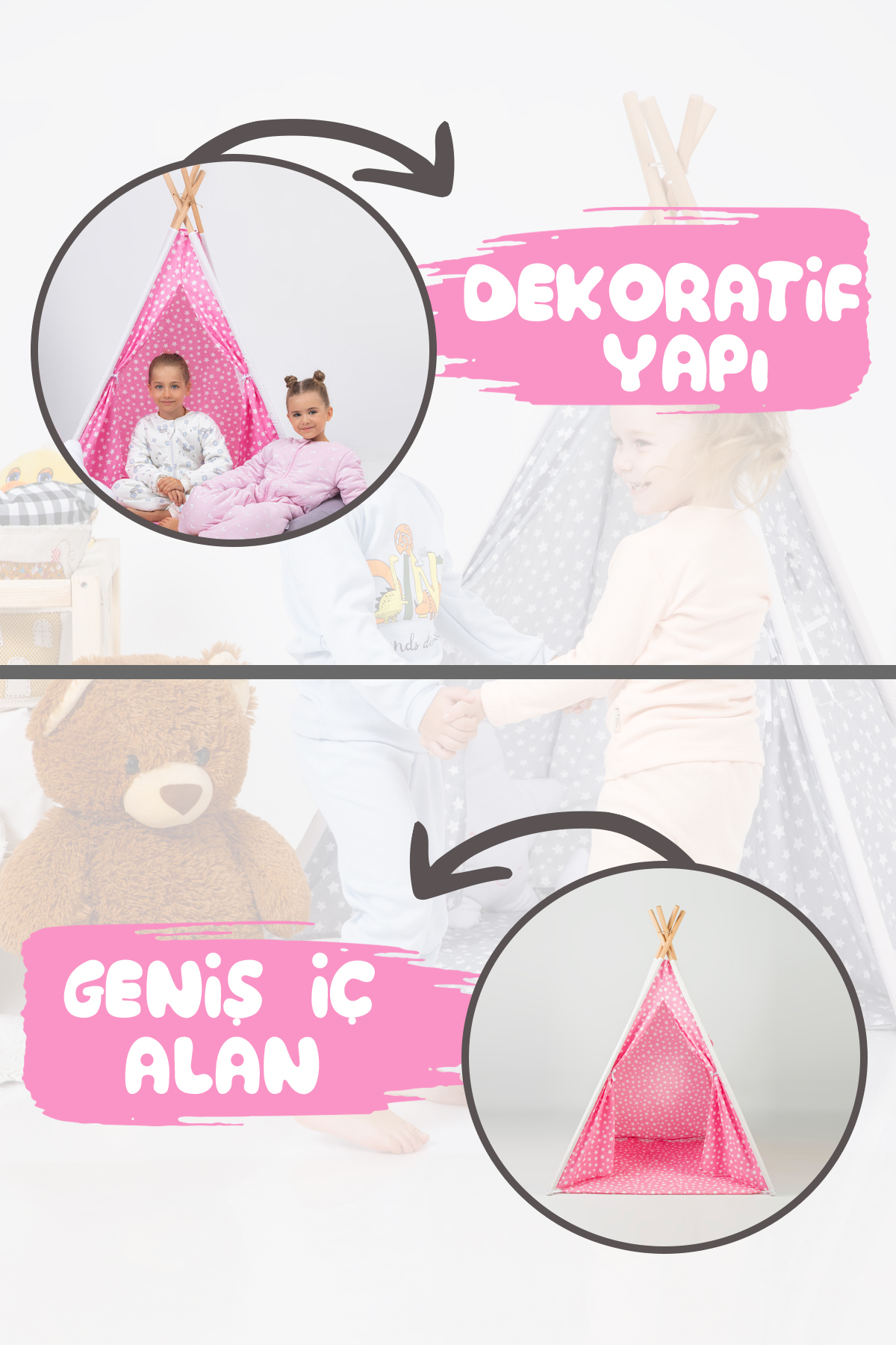 BabyModa Ahşap Direkli Sağlıklı Pamuklu Devrilmeyen Çocuk Oyun Alanı & Evi Minderli Çocuk Oyun Çadırı fotoğrafı 3 (önizleme)