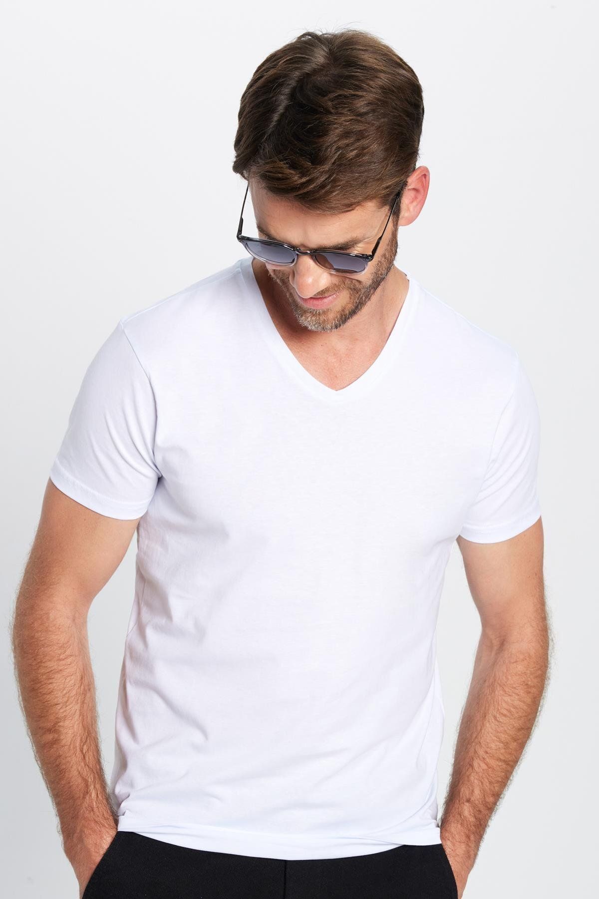 Tudors-Men's Slim Fit Slim Fit 100% Cotton Soft Textured White V-Neck T-Shirt 1