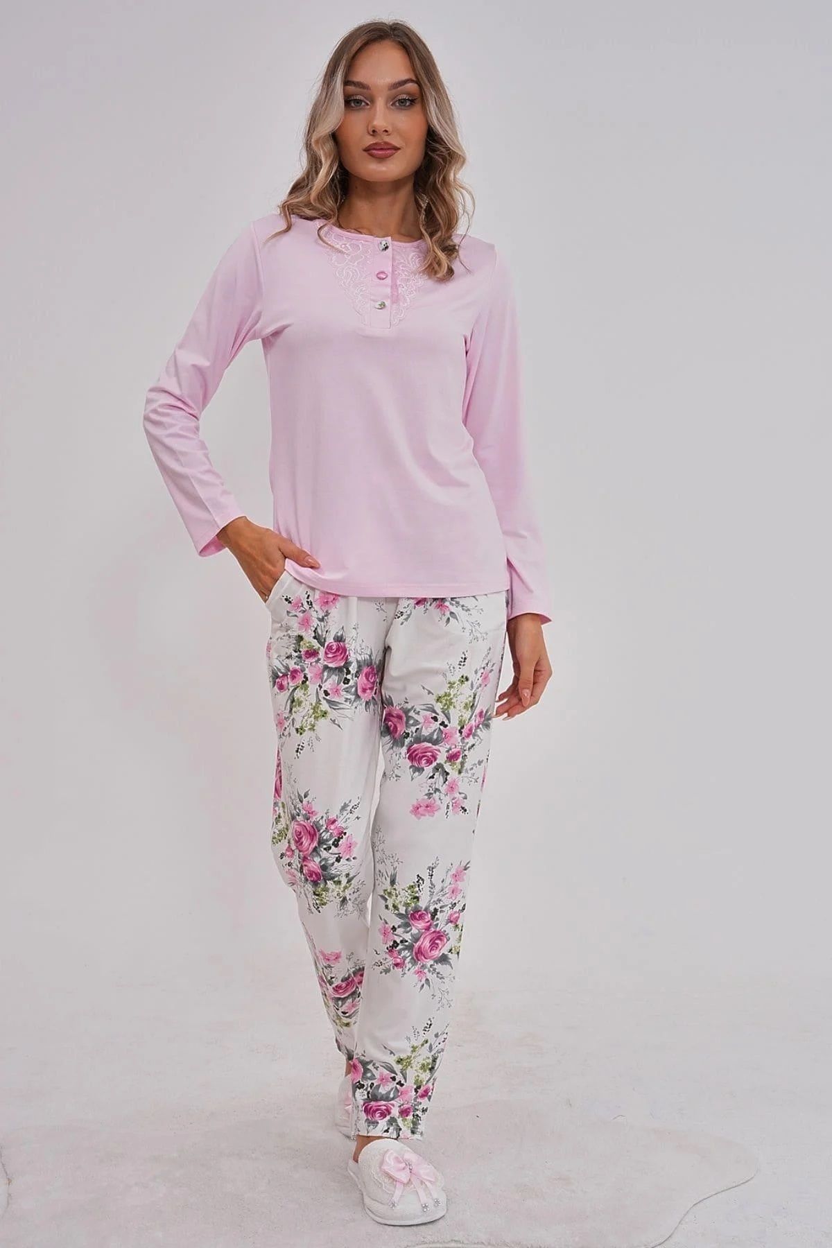 By Mecit Pijama Set Pijamale De Damă Cu Mâneci Lungi Din Guipur - 75% Bumbac, 20% Viscoză, 5% Lycra Femeie - M