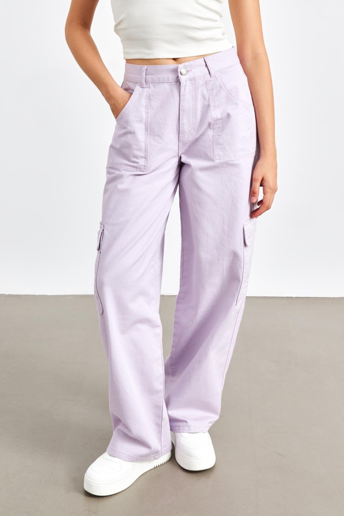 YOUR NAME  Yüksek Bel Kargo Cepli Lila Kadın Jean - Görsel 2