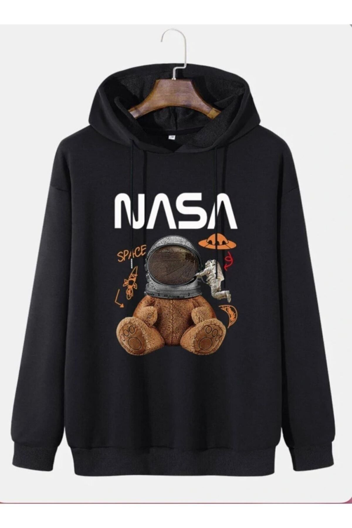 M&A ONE PİECE Unisex Oversize Siyah Nasa Ayıcık Baskılı Sweatshirt Bear