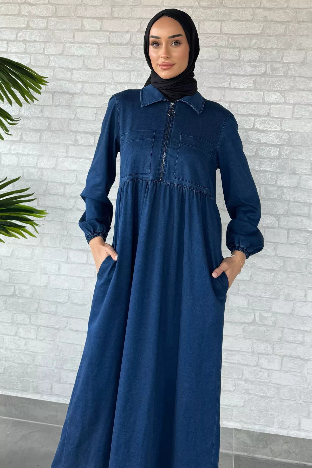 julude-Navy Blue Front Zippered Hijab Jean Jeans Dress 6