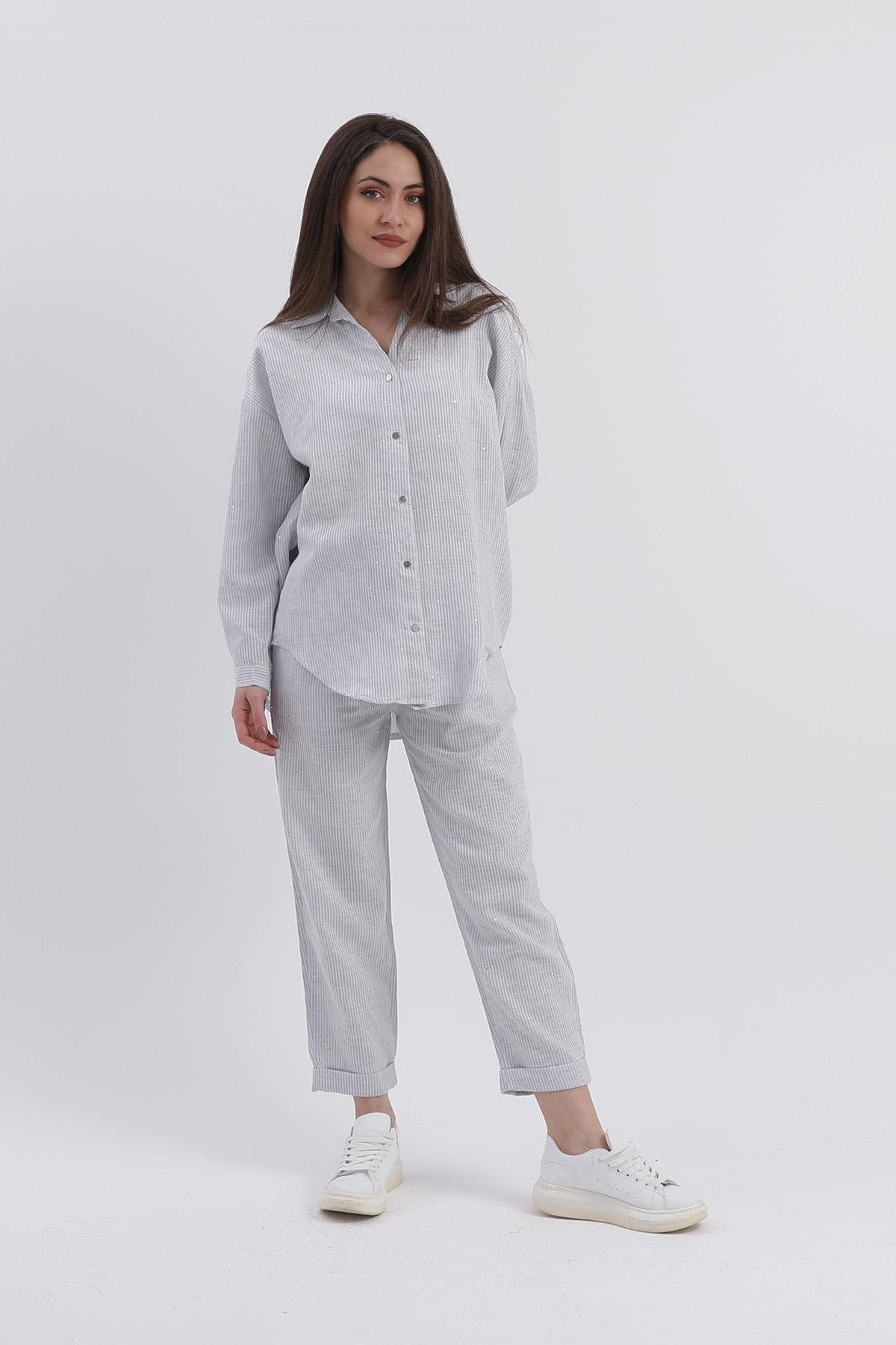 VAPUR TEKSTİL-Blue Linen Set - Sequined Striped 1