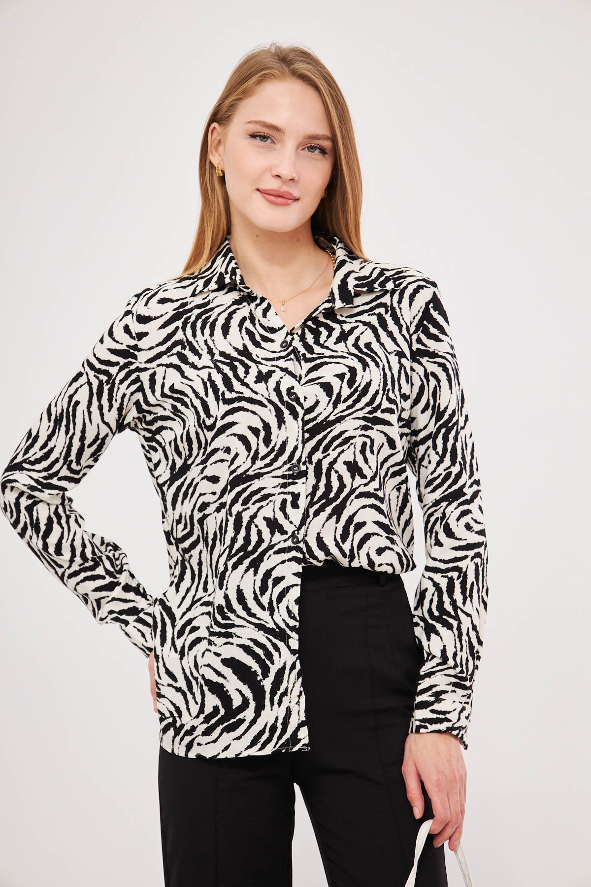 armonika-Women's White-Black Patterned Long Sleeve Shirt Arm-25K 001040 3