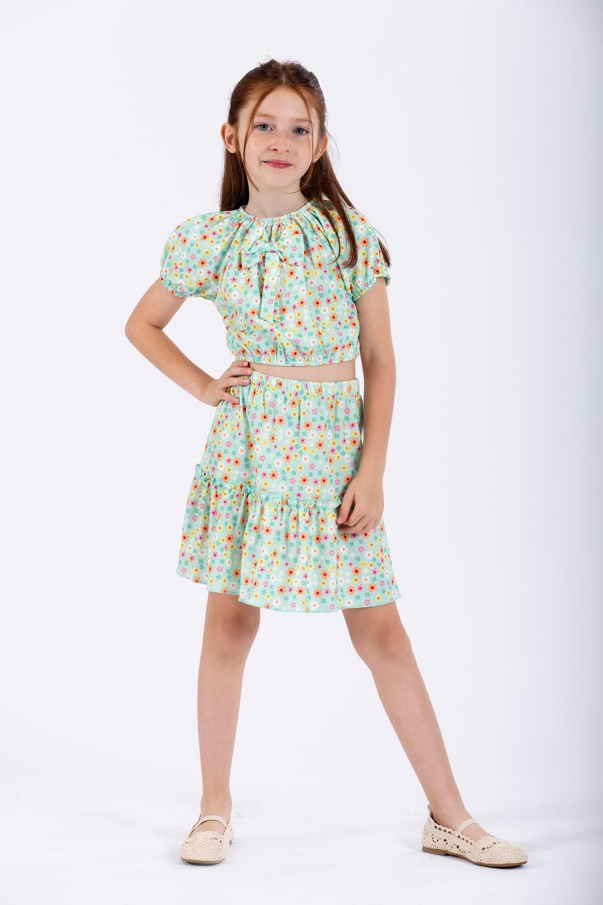 zepkids-Green Colored Girl's Skirt Set - Bow Detail 3