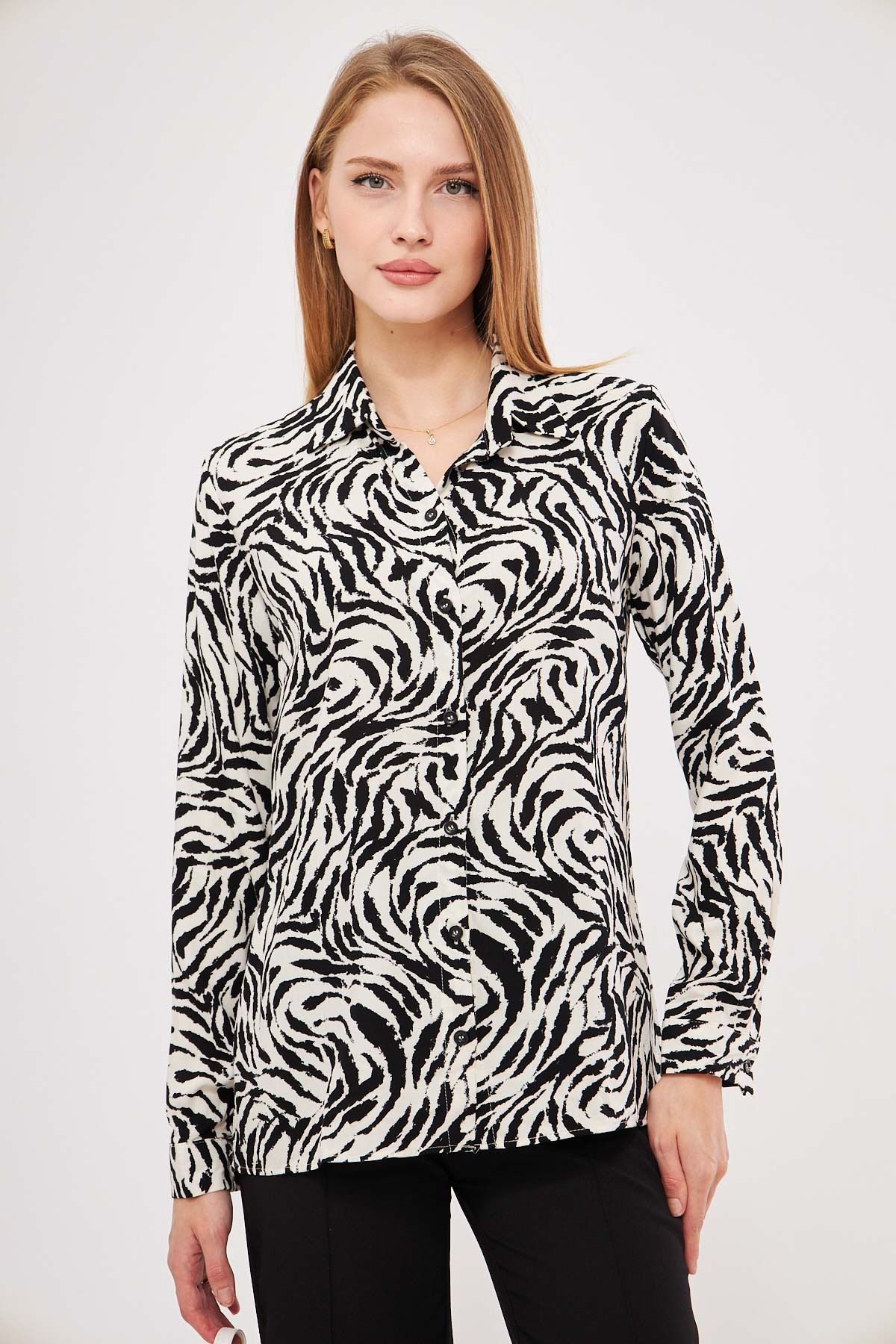 armonika-Women's White-Black Patterned Long Sleeve Shirt Arm-25K 001040 2