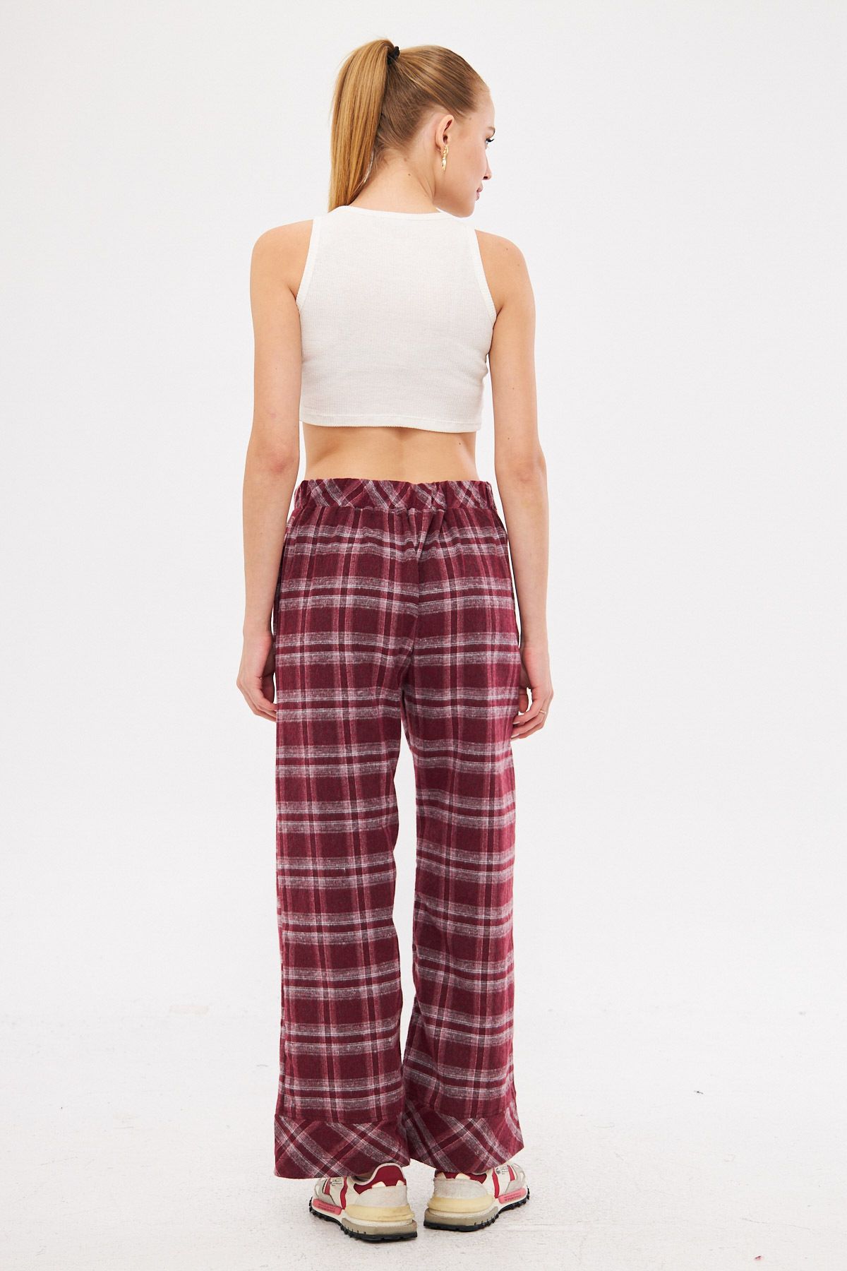 armonika-Women's Burgundy-Grey Back Waist Elastic Leg Detailed Pocket Palazzo Trousers Arm-25K 001018 4