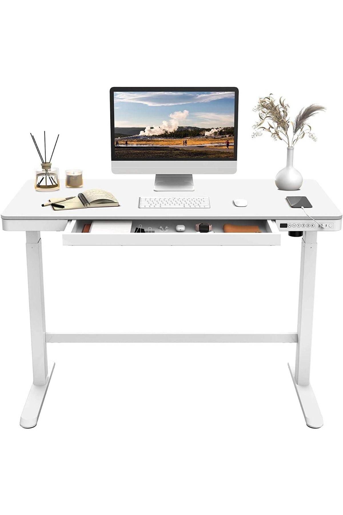 Mahmayi-Flexispot ET-118W All In One Height Adjustable Standing Desk With USB Charging - White 1