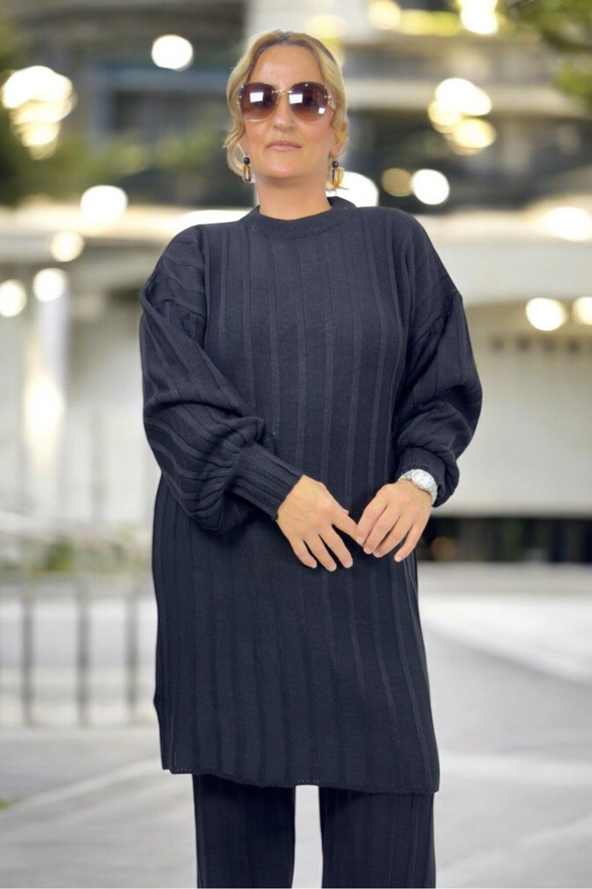 yagmurberen-Mânecă cu balon joasă, cu dungi, tricot, tunică, talie, pantaloni din cauciuc, costum de iarnă, mărime mare 2