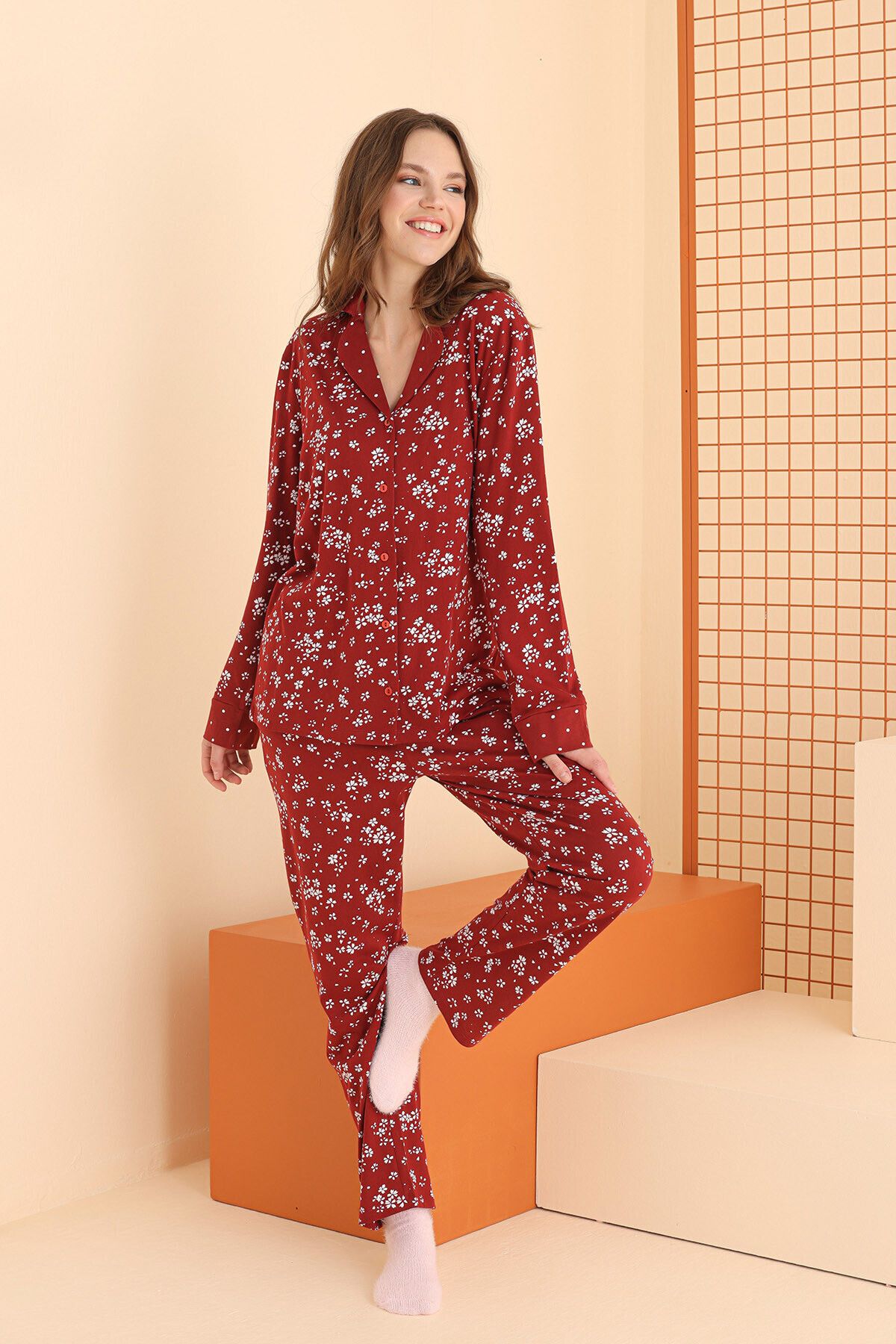 NBB-Claret Red Women's Pajama Set - Cotton, Floral Pattern, Long Sleeve, Shirt Collar 1