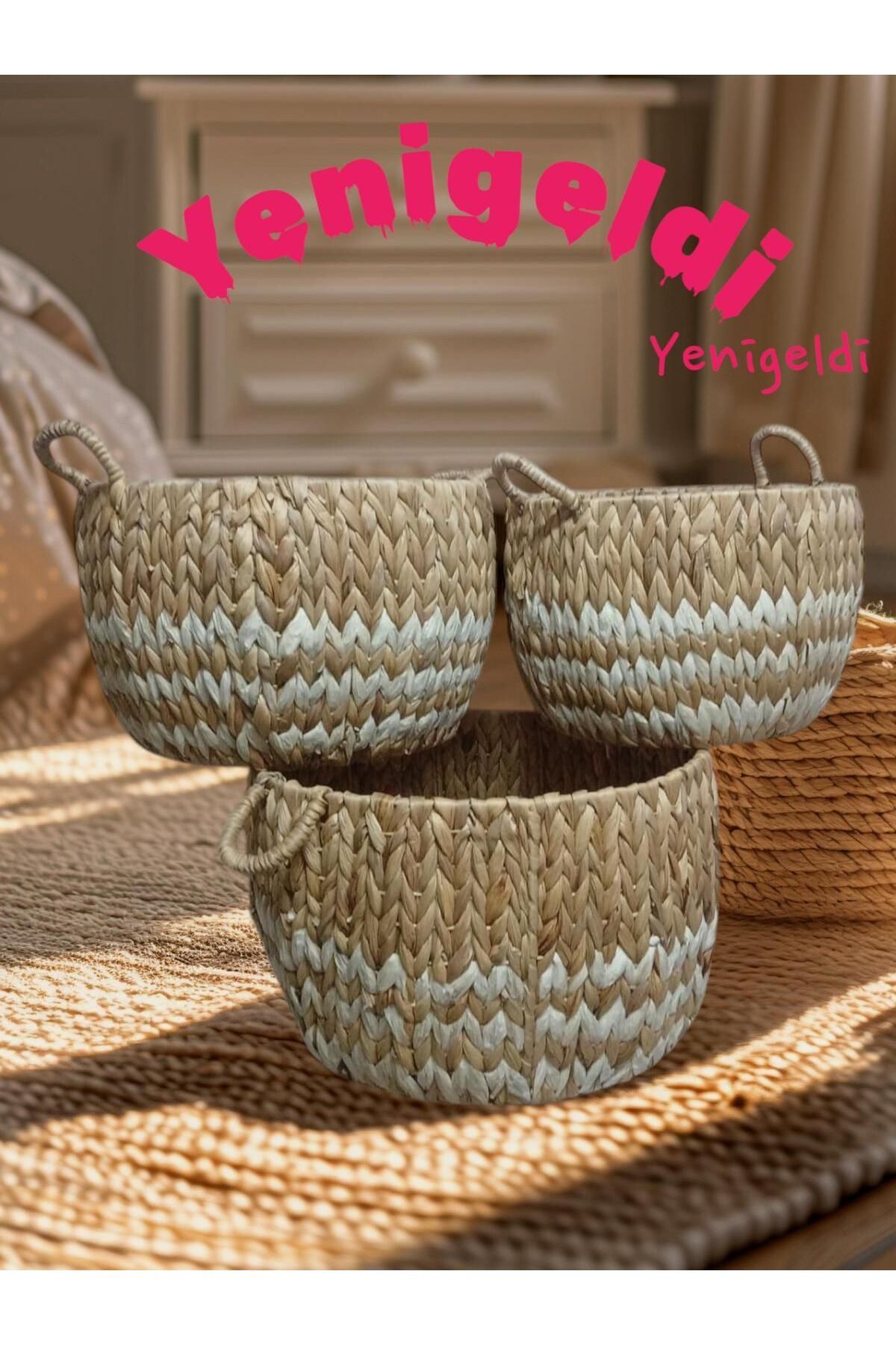 Yenigeldi-Кошница от 3 части от бяла раирана естествена ракита - Нова 2400143 2