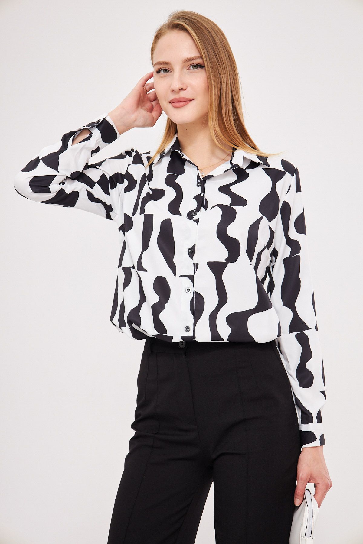 armonika-Women's White Patterned Long Sleeve Shirt ARM-24K001017 4