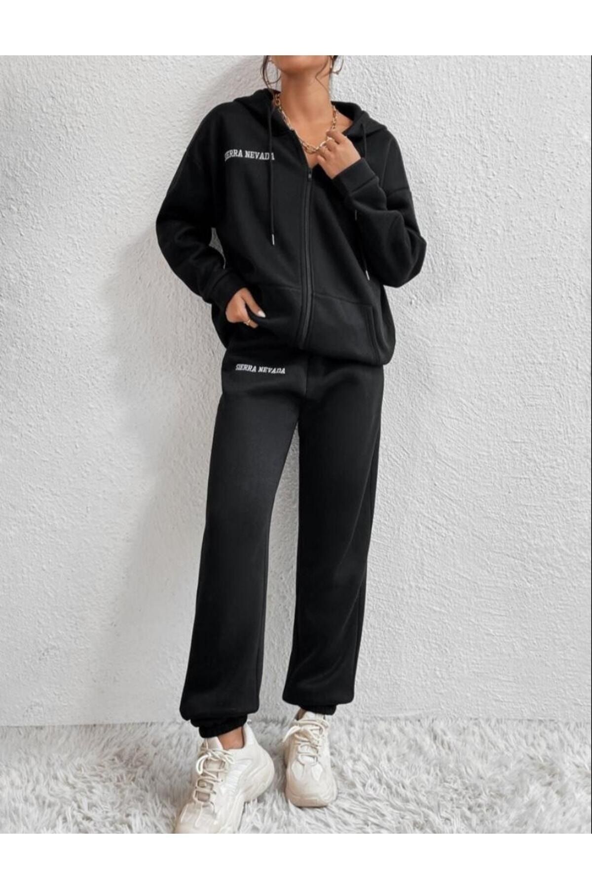 Know-Women's 3 Thread Black Sierra Nevada Printed Cardigan Jogger Oversize Trainingsanzug Set 6