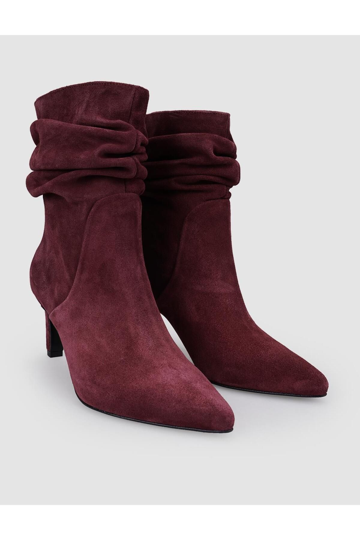 Cabani-100% Genuine Leather Burgundy Suede Women's Heeled Boots 2