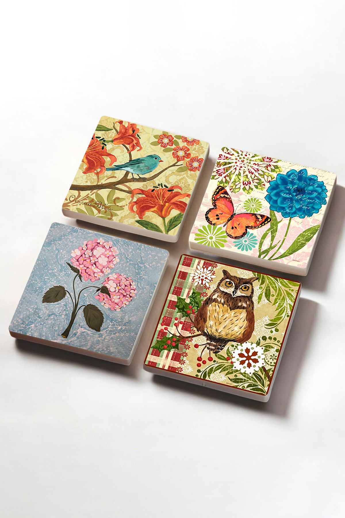 Pinecone-Butterfly, Sparrow, Pink Hydrangea Flower, Owl Stone Coasters Protective Coasters Set of 4 10x10cm 2