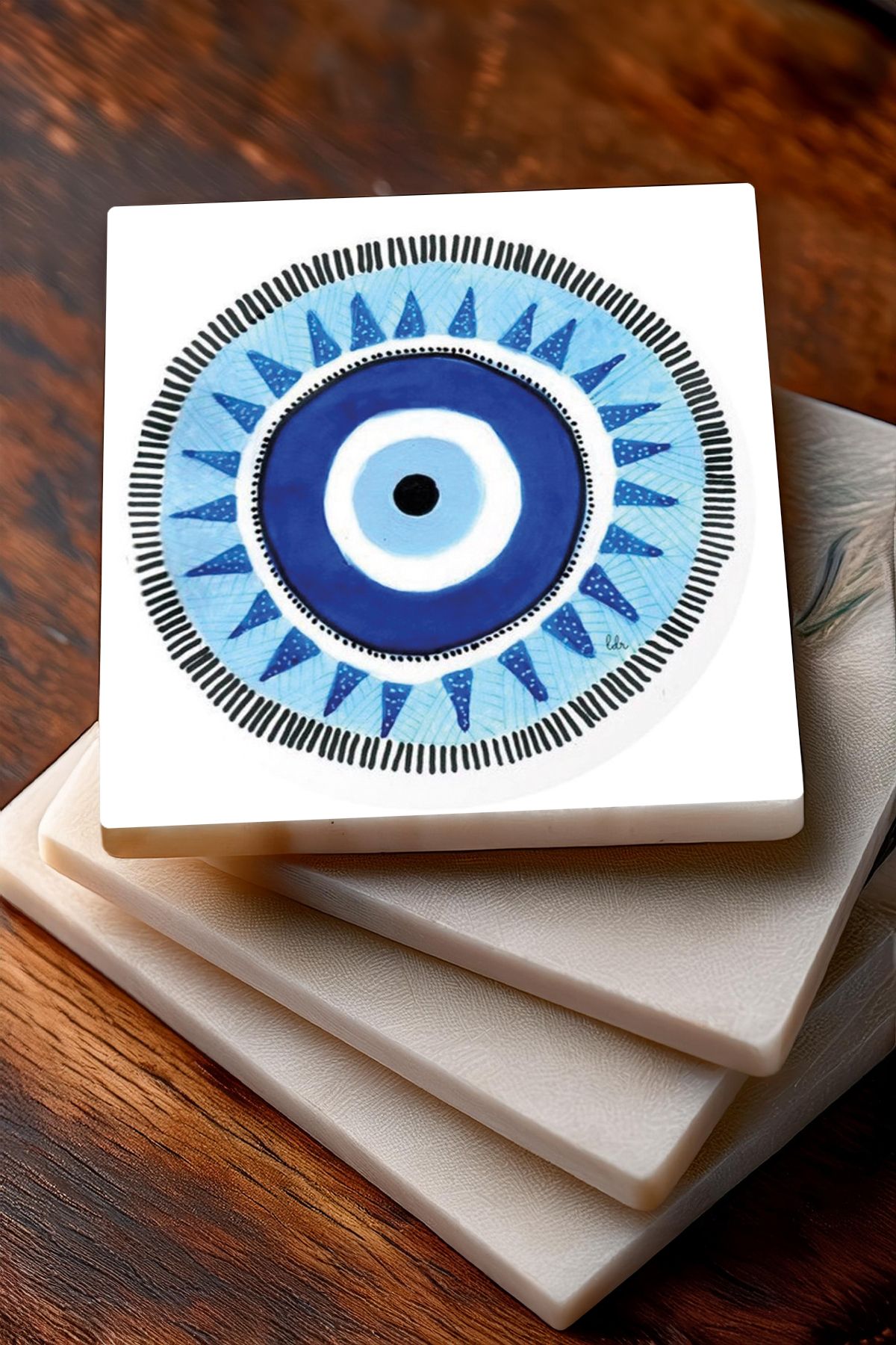 Pinecone-Evil Eye, Hand of Mother Fatma (HAMSA), Shahmaran, Pomegranate Tree Stone Coasters Set of 4 10x10cm 3