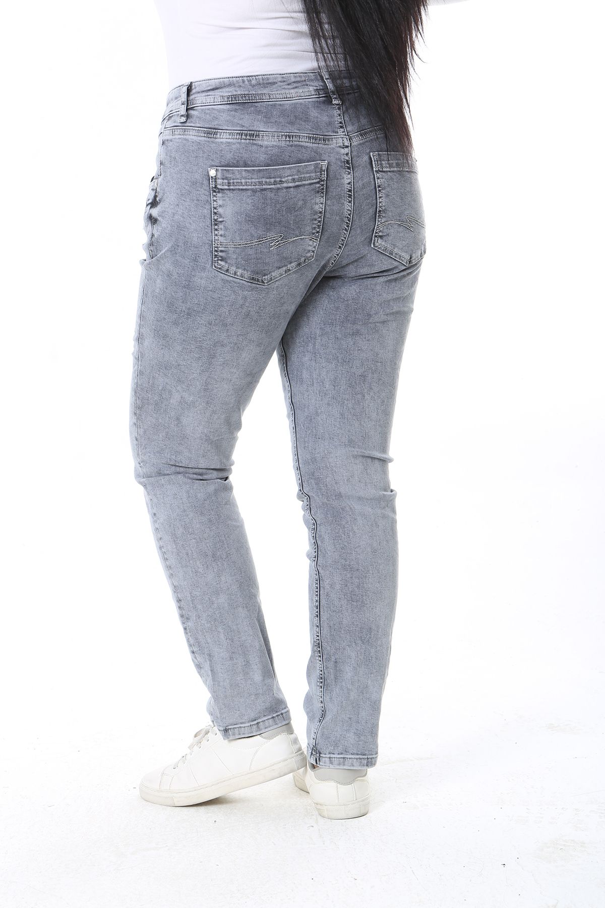 Şans-Women's Large Size Gray Washing Effect 5 Pocket Lycra Jeans 65N38392 6