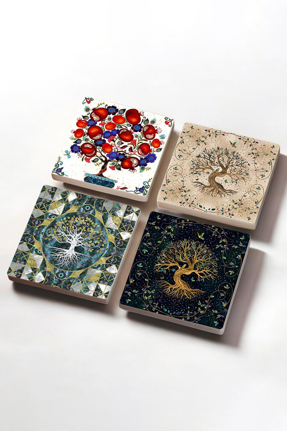 Pinecone-Tree of Life, Pomegranate Tree Stone Coasters Desktop Protective Coasters Set of 4 10x10cm Stone Coasters 2