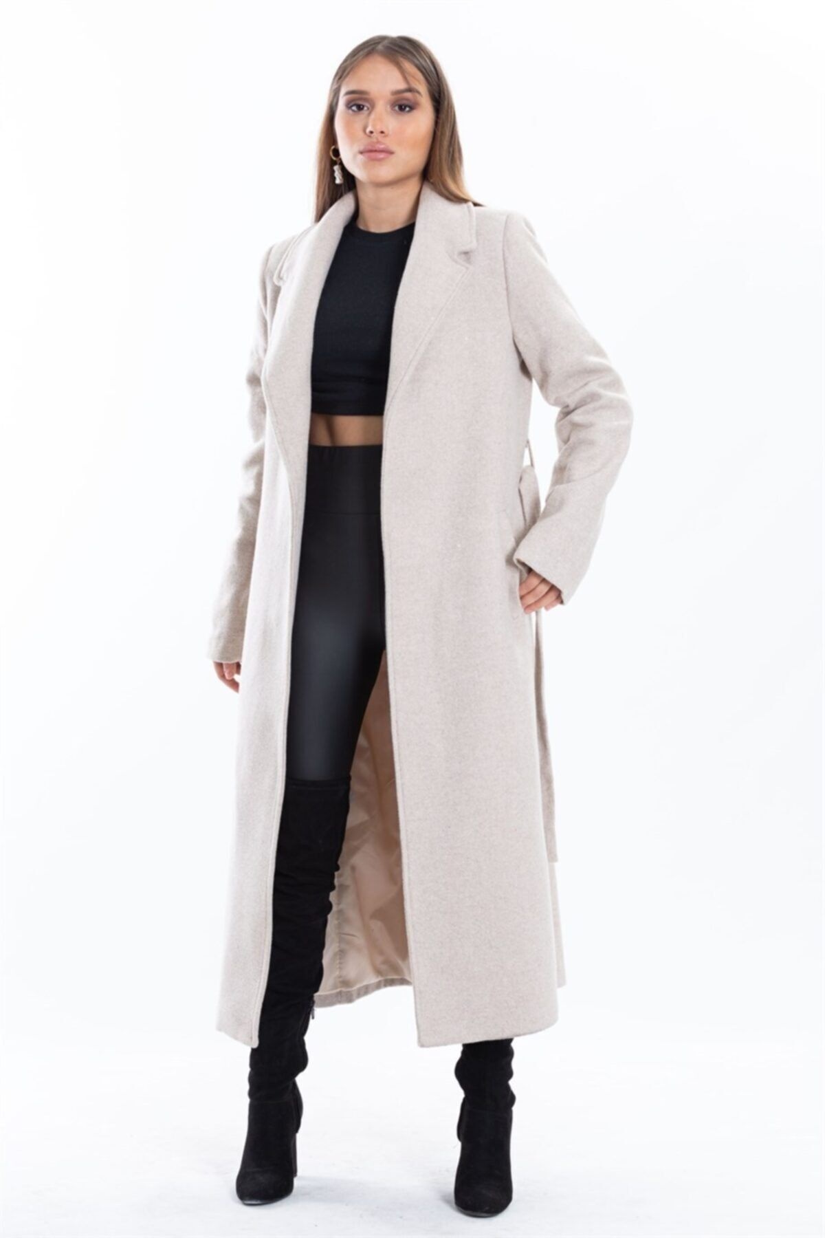 ByZeyrek  W1-36362 Bej Kuşaklı Içi Astarlı Cep Detaylı Kaşe Kaban Yeni Sezon - Görsel 5