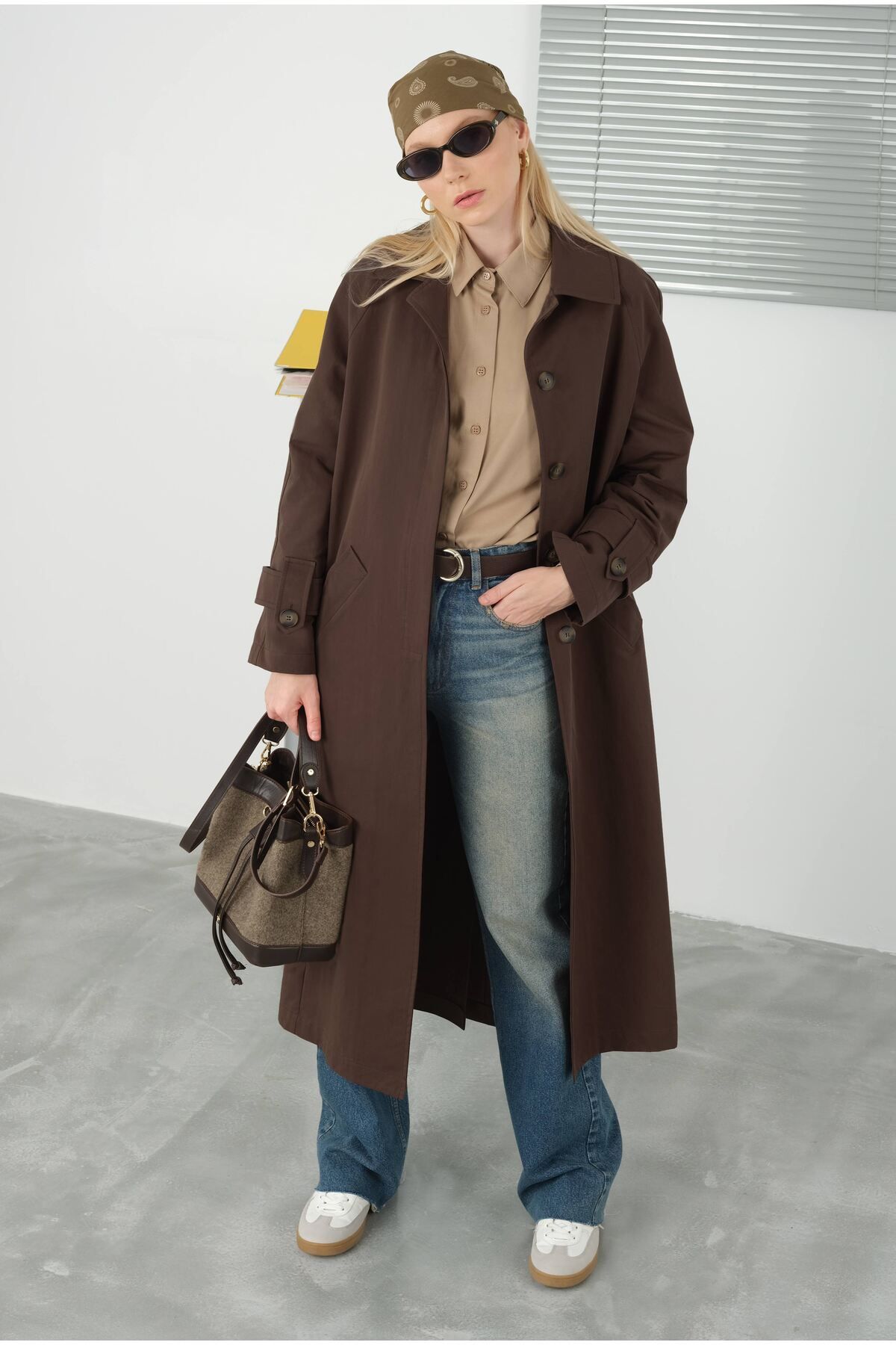 HEQA-Bitter Brown Double Epaulettes Trench Coat 1