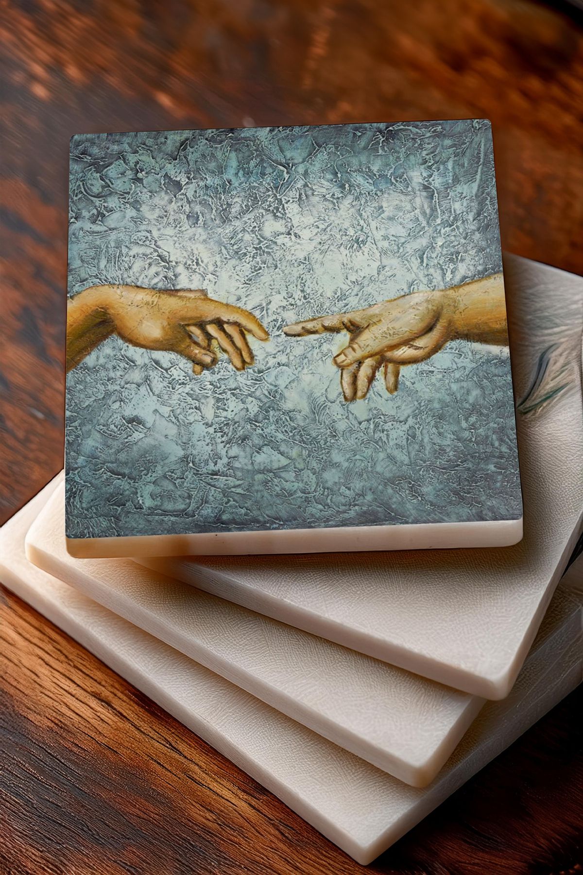 Pinecone-Tree of Life, Michelangelo Creation of Adam, Flower of Life Stone Coasters Set of 4 10x10cm 3