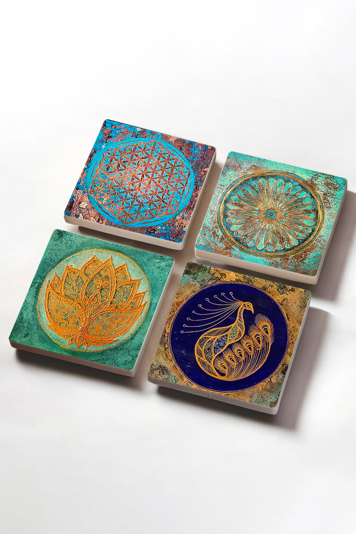 Pinecone-Lotus Flower, Peacock, Flower of Life Stone Coasters Desktop Protective Coasters Set of 4 10x10cm 2